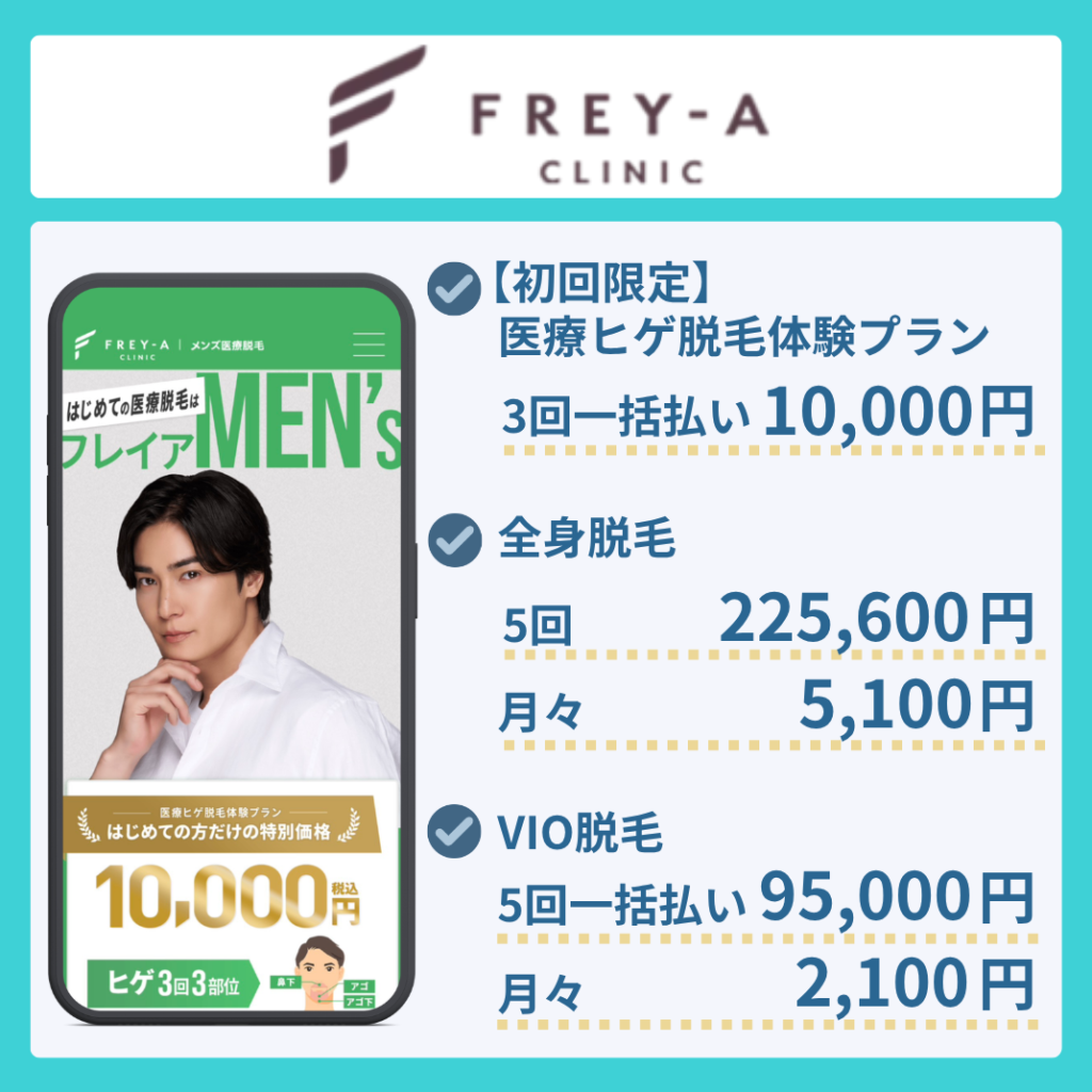 フレイアクリニックのヒゲ・全身・VIO脱毛の料金