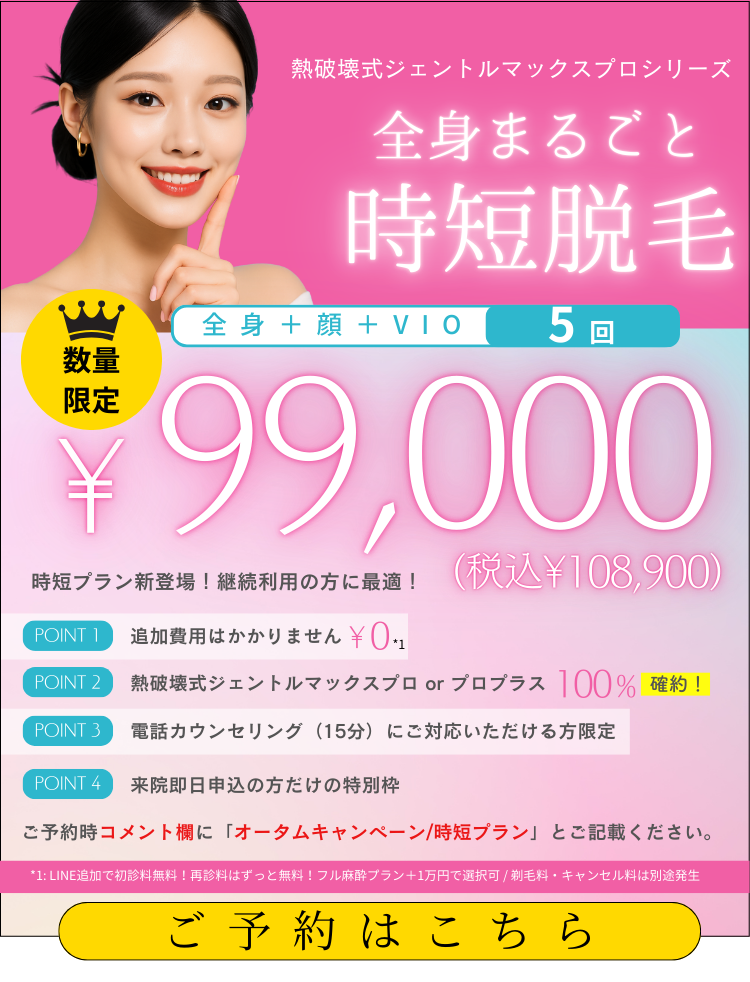 美容皮膚科アイエスクリニック 熱破壊式ジェントルマックスプロ 全身+顔+VIO 5回 99,000円(税込108,900円)